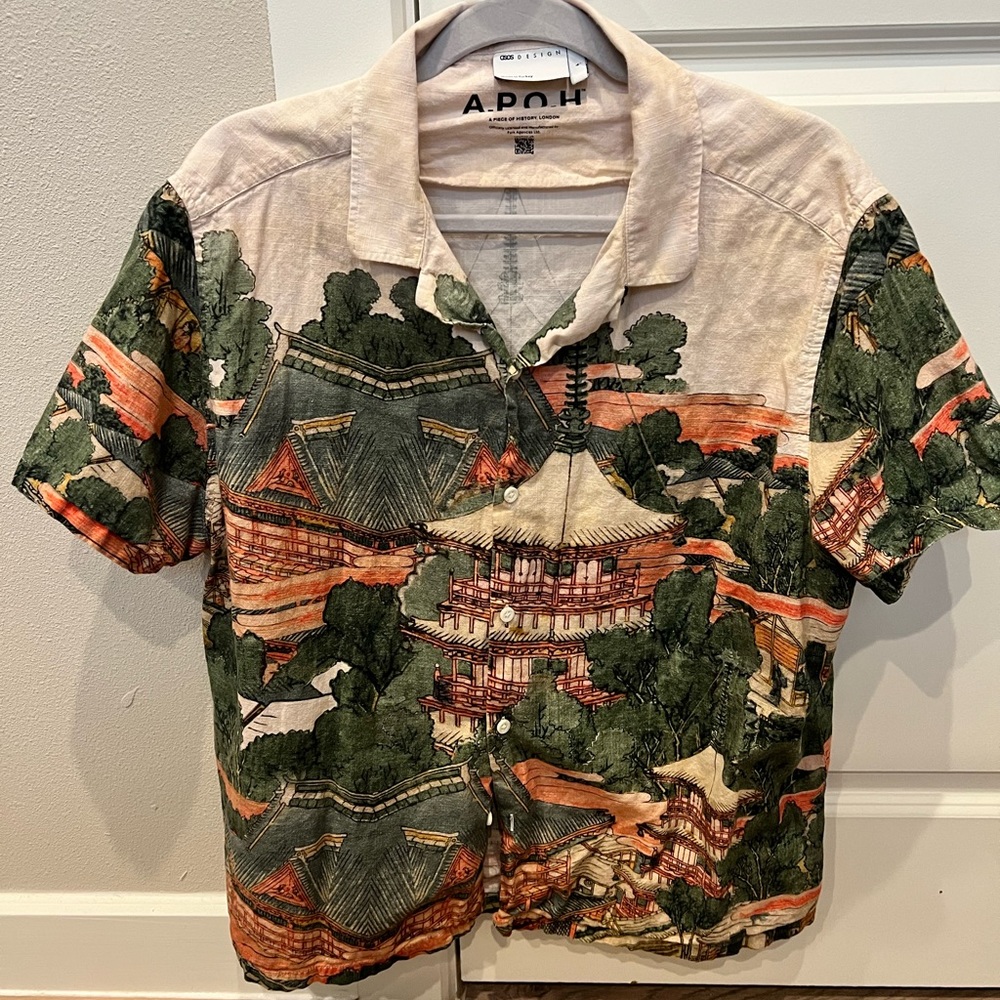 ASOS Design Katsushika Hokusai scenic print Camp Collar Shirt Size Large